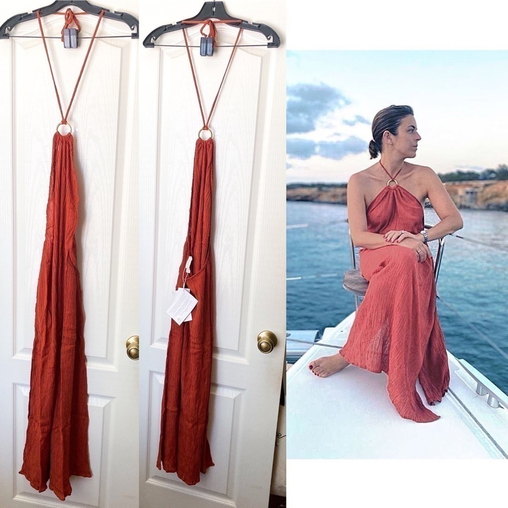 SM Dress Lana‎ Midi Bamboo Peace Silk Halter O-Ring Backless Scarlette S NWT